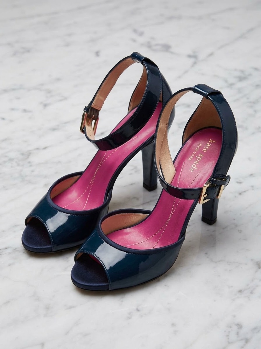 Kate Spade New York Navy Blue Patent Leather Peep-Toe Heels - Size 5